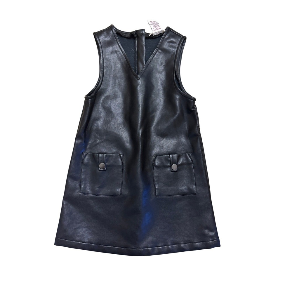 Rachel Zoe Girls Black Faux Leather Jumper Dress V-Neck Pockets Size 5